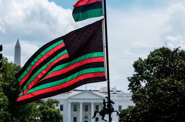 A Pan-African flag flies from Black Lives Matter Plaza overlooking the White House on Juneteenth to mark the liberation of slavery in 1865 on June 19, 2020
