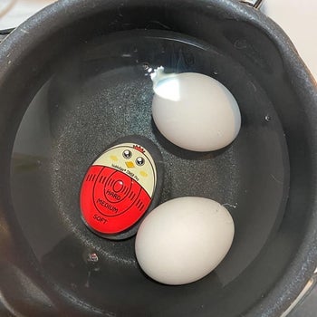 the egg timer in a pot of boiling water
