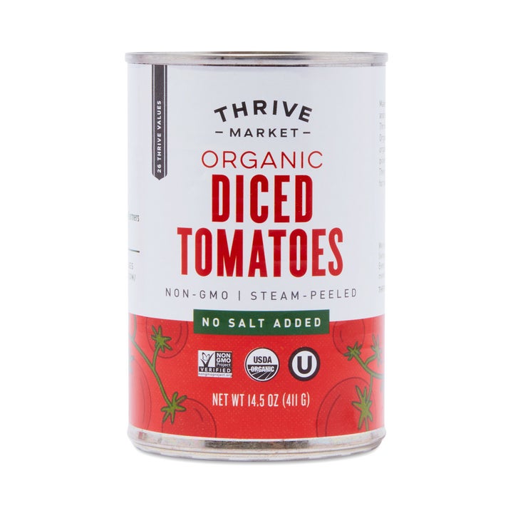 a red and white can of diced tomatoes