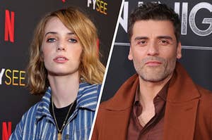 Maya Hawke wears a striped suit and Oscar Isaac wears a button up shirt under a wool coat