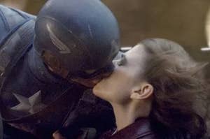 A close up of Steve Rogers as he kisses Peggy Carter