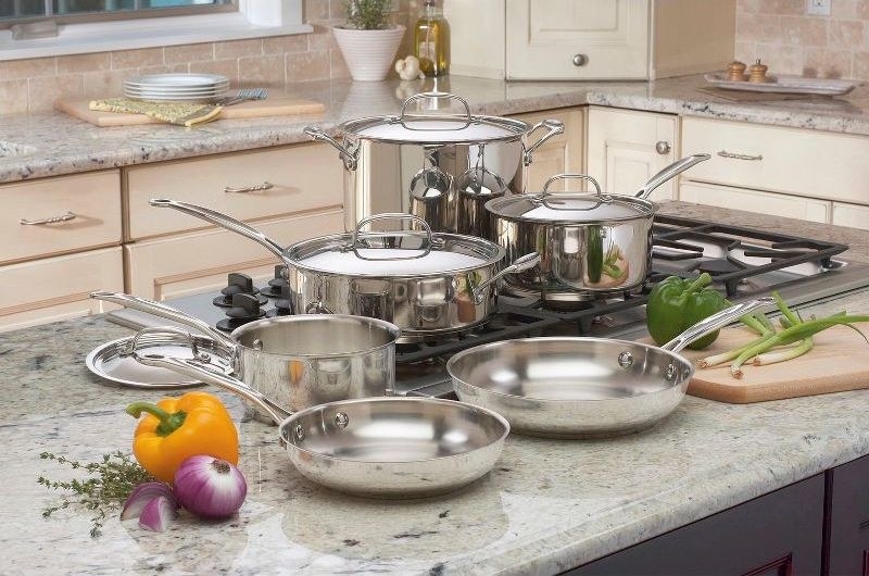 the cookware set on a kitchen island
