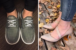 Two images of reviewers wearing comfy shoes