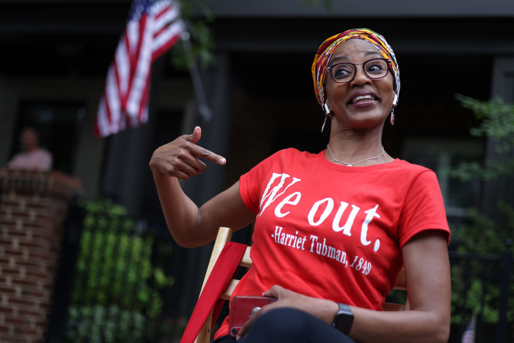 A woman wears a harriet tubman shirt