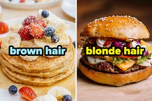 On the left, a stack of pancakes topped with coconut flakes, bananas, blueberries, and strawberries labeled brown hair, and on the right, a cheeseburger labeled blonde hair