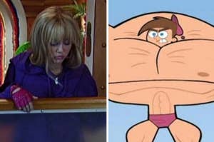 Hannah Montana looks over the railing of a boat and Timmy Turner is incredibly muscular