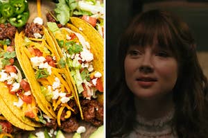 A plate of tacos are on the left with Eloise on the right