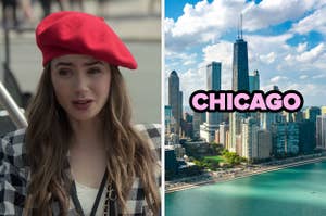 On the left, Emily from Emily in Paris, and on the right, the Chicago skyline on a sunny day