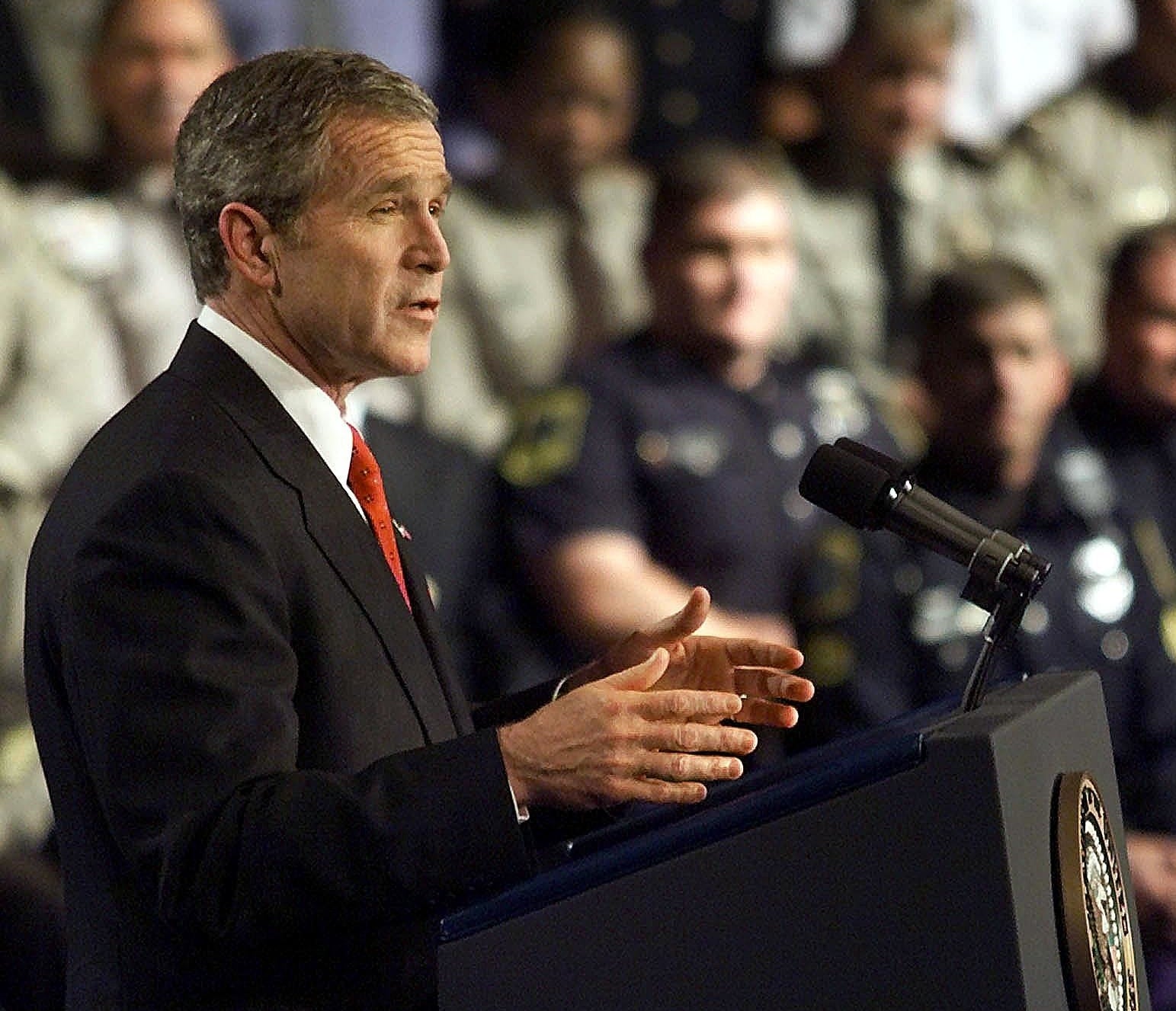 Former president George W. Bush gives a speech in November 2001