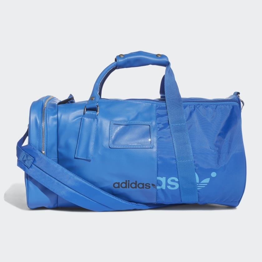 the blue duffle bag with the Adidas logo