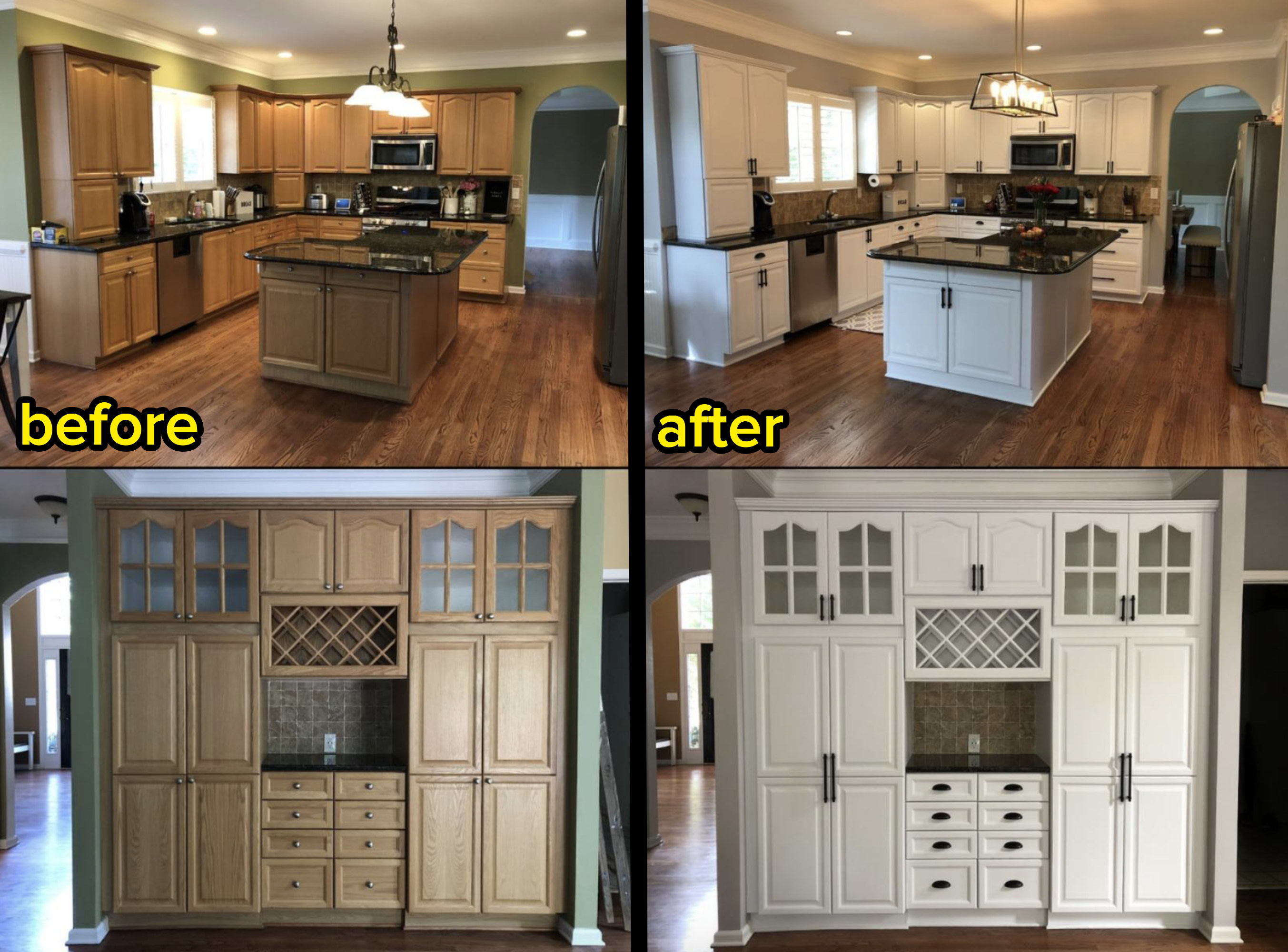 A before and after customer review photo of their wood cabinets painted white
