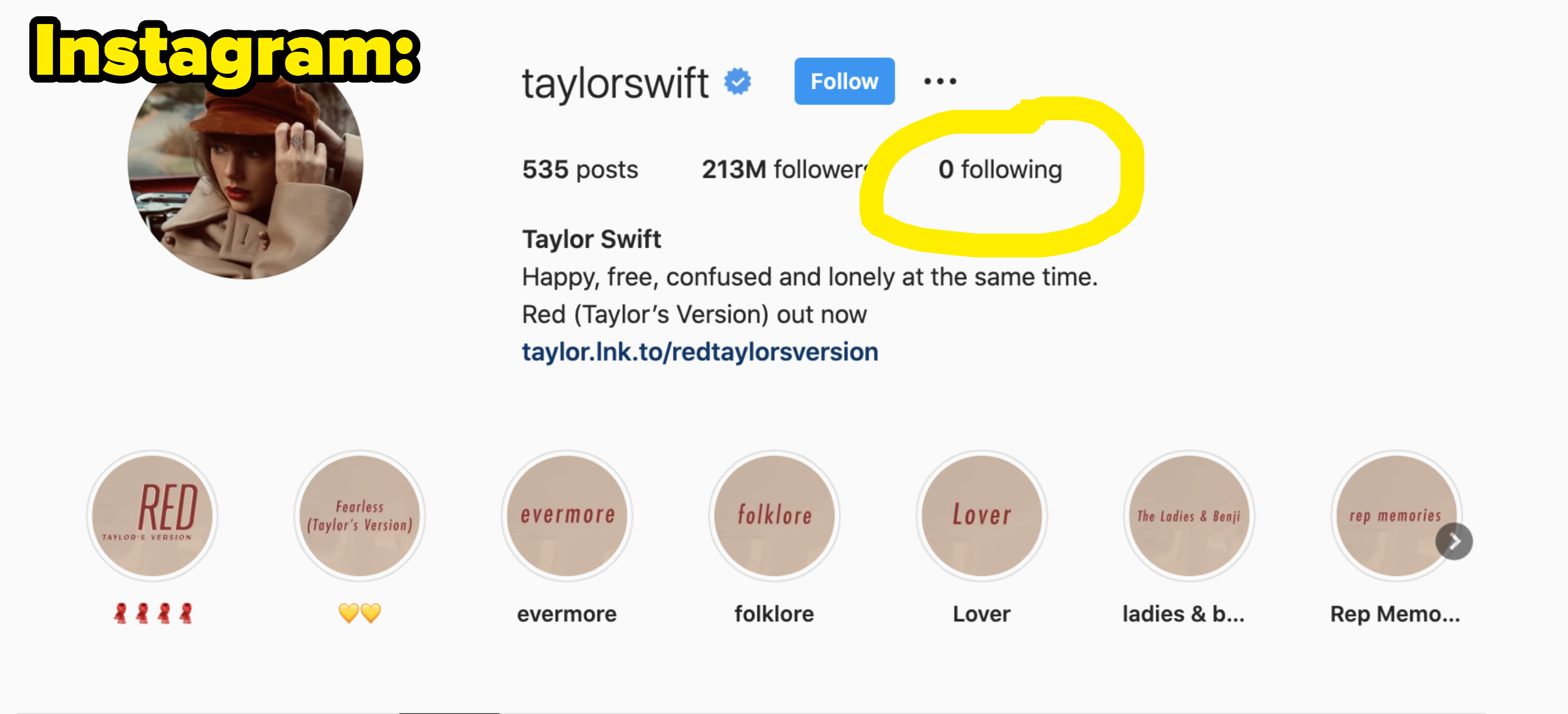 Taylor Swift following 0 people on Instagram