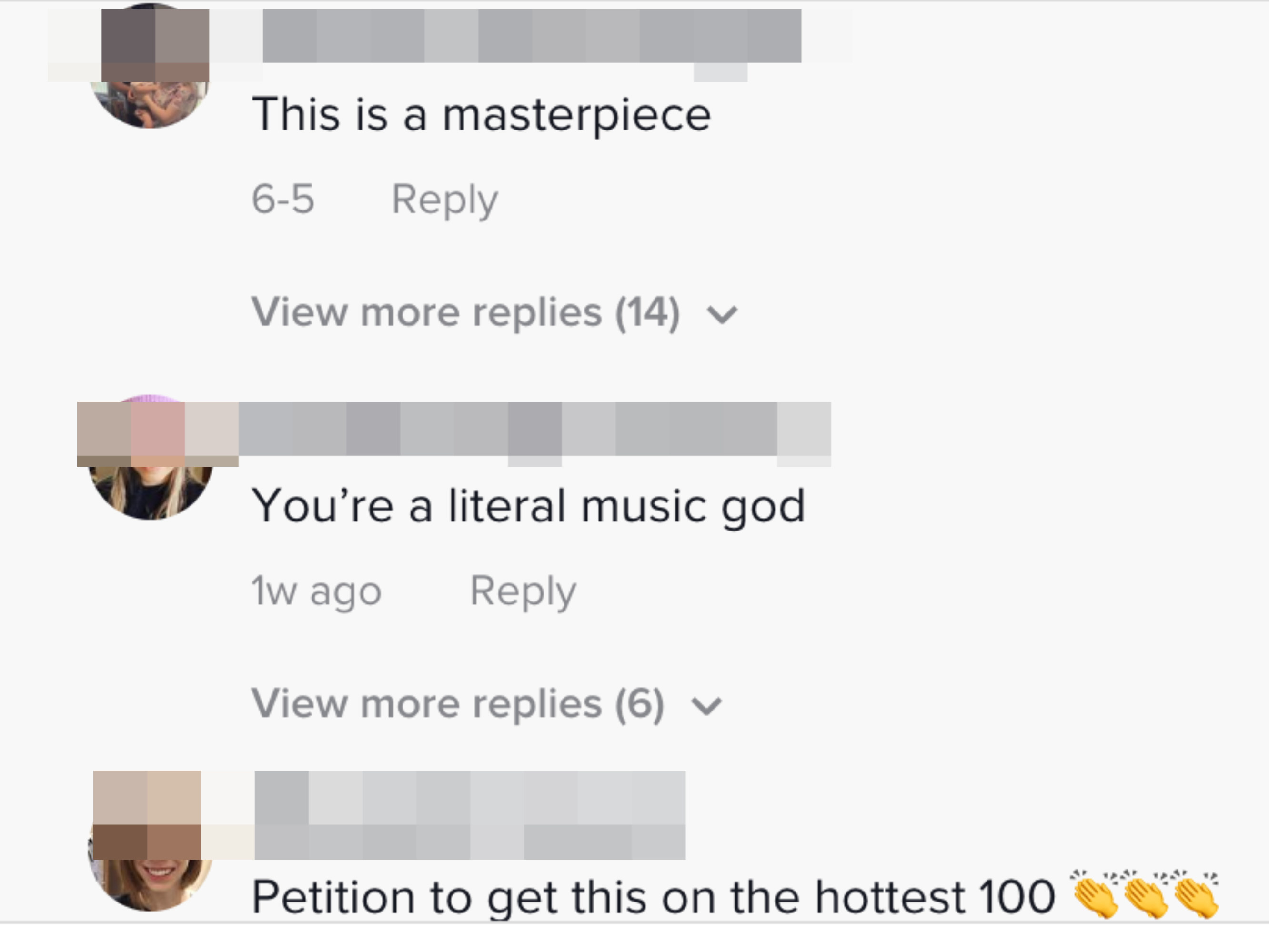 Multiple commenters praising the song, including one saying &quot;This is a masterpiece&quot; and another saying &quot;You&#x27;re a literal music god&quot;