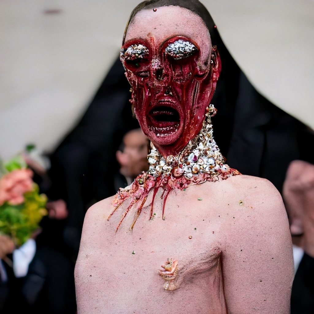 A guest at the Met Gala that has been zombified with a an elongated an incredibly bloody face