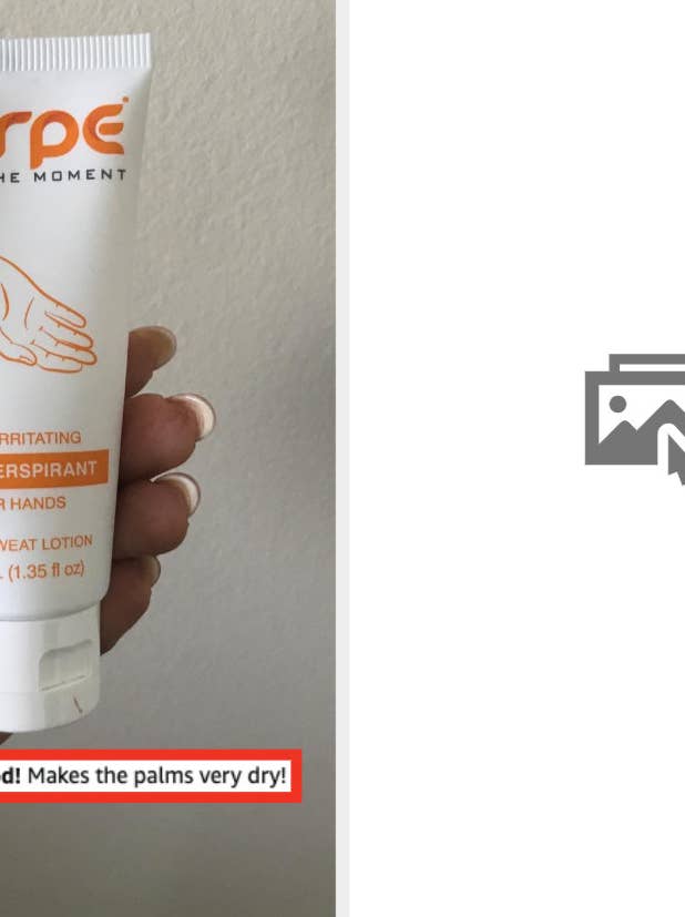 person holding bottle of carpe lotion, with a review that says 