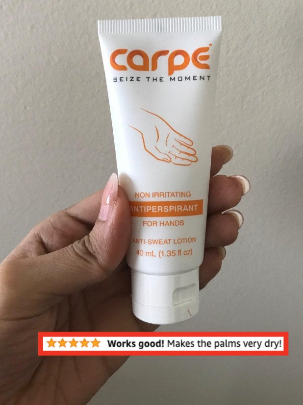 person holding bottle of carpe lotion, with a review that says &quot;works good! makes the palms very dry!&quot;