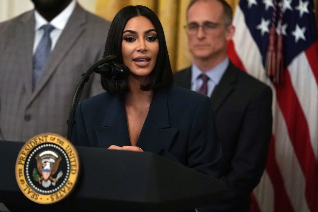 Kim Kardashian West speaks during an East Room event at white house