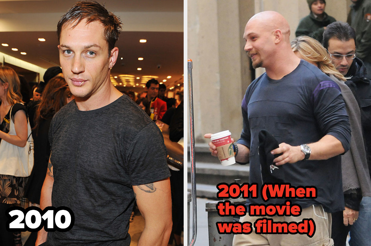 Side by side photos of Tom Hardy in 2010 and 2011, with him looking significantly bigger in the later photo