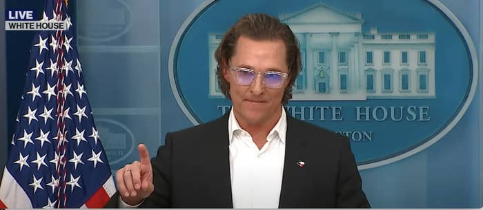 Closeup of Matthew McConaughey speaking at the White House.