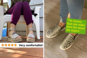on left, reviewer wears gray wedges with purple leggings. on right, reviewer wears snakeskin-print slip-on sneakers with memory foam soles.