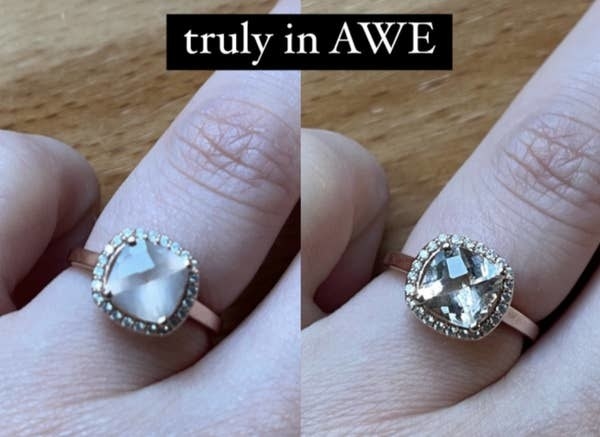 on the left, a reviewer photo of a cloudy diamond ring and, on the right, the same ring now looking clean with text reading &quot;truly in AWE&quot;