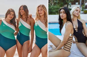 Two images of five models wearing swimsuits