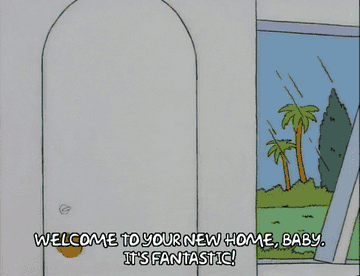 A gif from the simpsons where a man is welcoming patty into her home and saying &quot;welcome to your new home, baby, It&#x27;s fantastic!&quot;