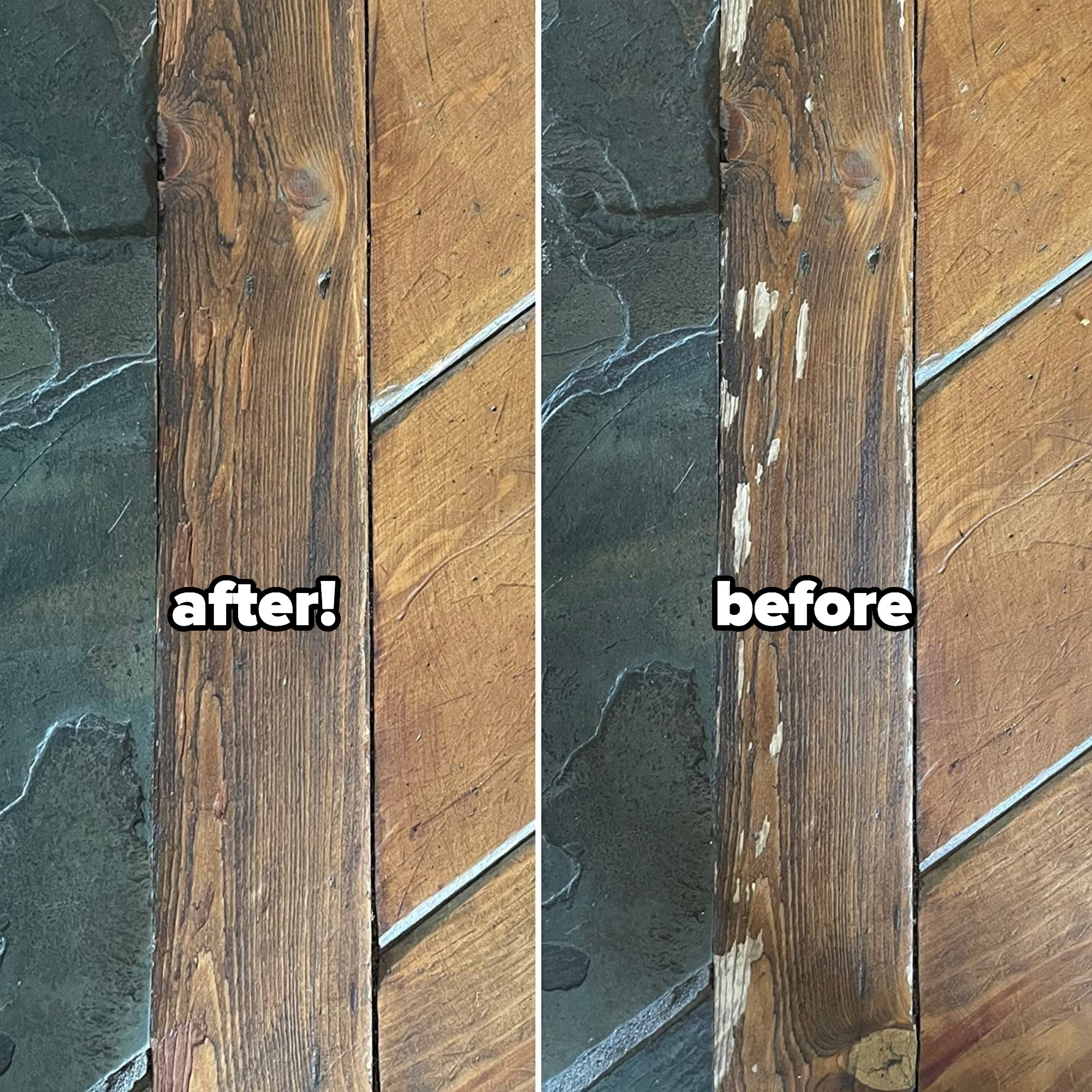 A reviewer&#x27;s scuffed and discolored wood before and after with marks filled in