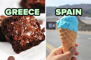 On the left, a brownie labeled Greece, and on the right, someone holding a cotton candy ice cream cone labeled Spain