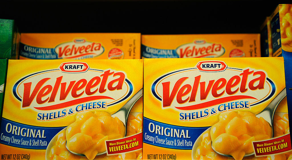 Boxes of Velveeta shells and cheese.