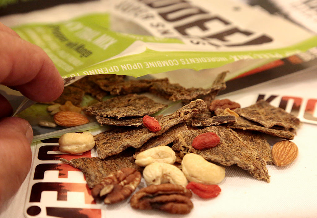 Beef jerky and nuts.