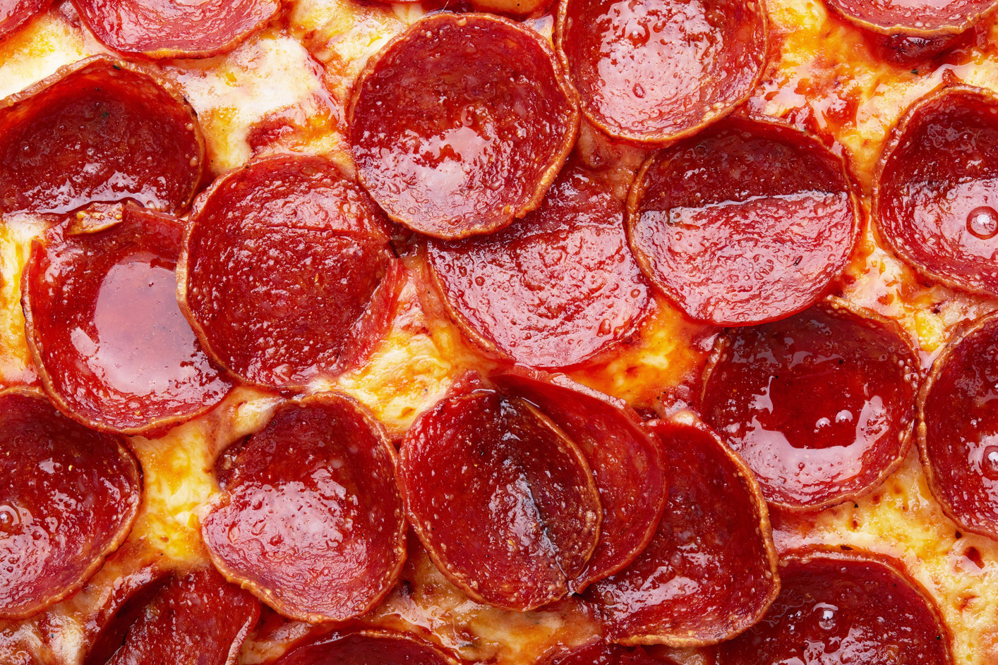 Closeup of pepperoni pizza.