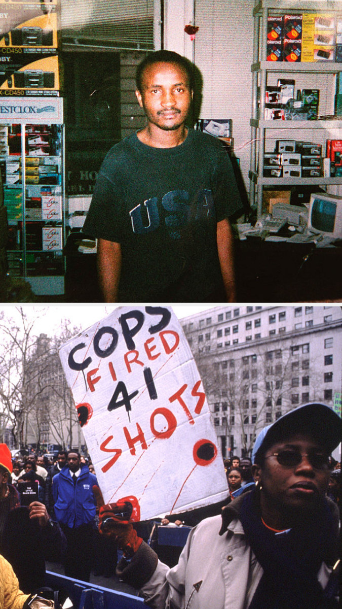 Diallo in a candid image; Woman protesting Amadou Diallo#x27;s murder