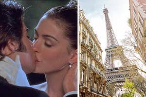 On the left, Michael and Mia from The Princess Diaries kissing, and on the right, the Eiffel Tower viewed through housing