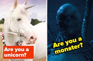 A horse is on the left labeled, "Are you a unicorn?" with Vecna labeled, "Are you a monster?"
