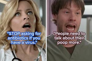 "stop asking for antibiotics if you have a virus" over an angry doctor and "people need to talk about their poop more" over a shocked nurse