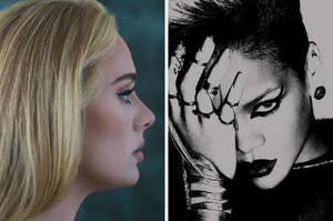 On the left, Adele on her 30 album cover, and on the right, Rihanna on her Rated R album cover