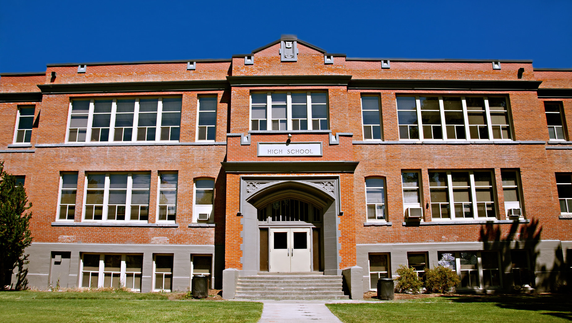 front of highschool and lawn