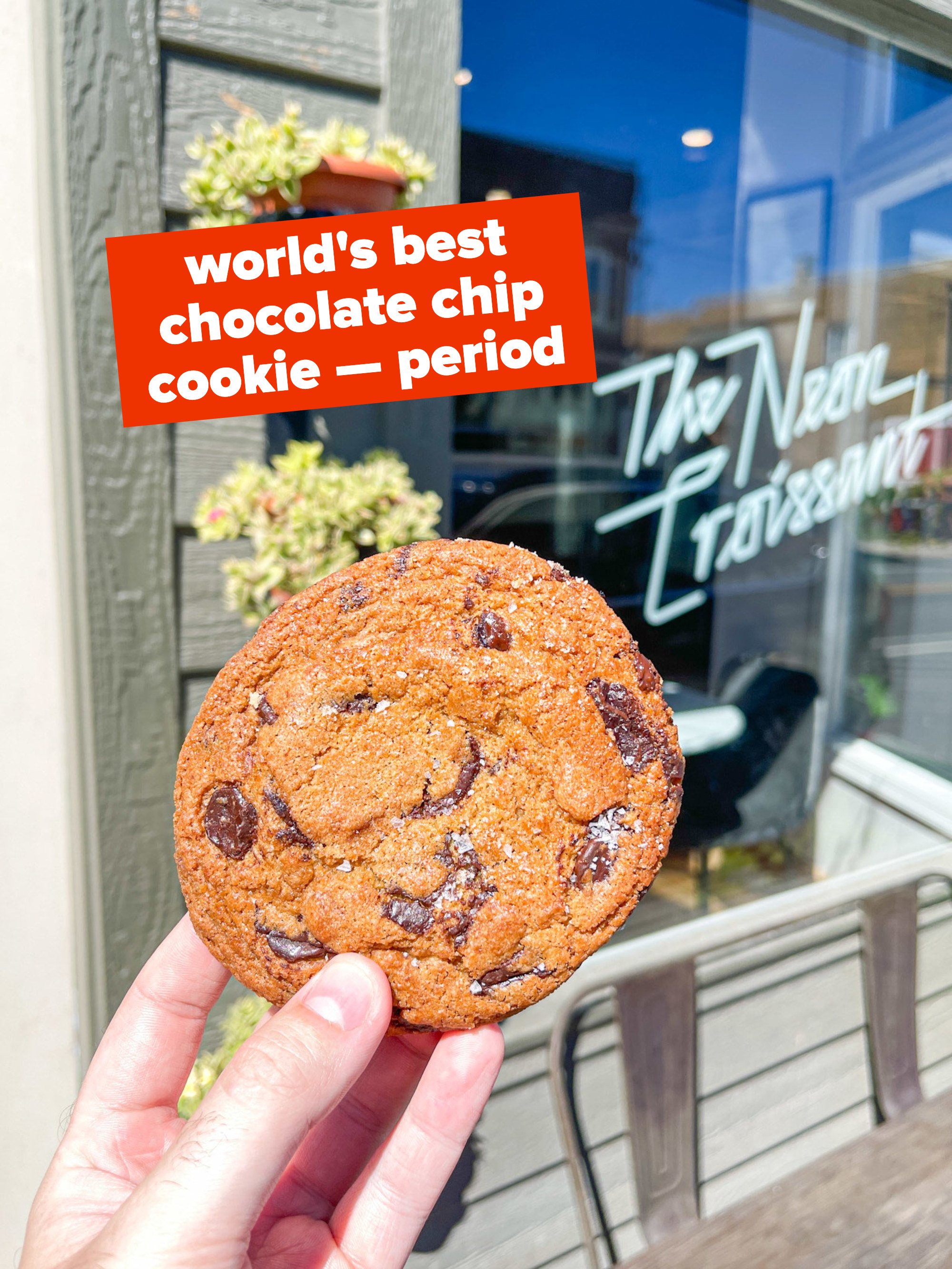 A hand holding a chocolate chip cookie with the text &quot;World&#x27;s best chocolate chip cookie; period&quot;