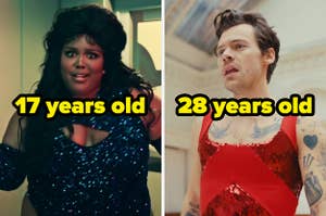 On the left, Lizzo in the About Damn Time music video labeled 17 years old, and on the right, Harry Styles in the As It Was music video labeled 28 years old