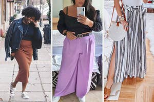 left image: reviewer wearing ribbed skirt with leather jacket, middle image: reviewer wearing purple palazzo pants, right image: reviewer wearing flowy striped pants 