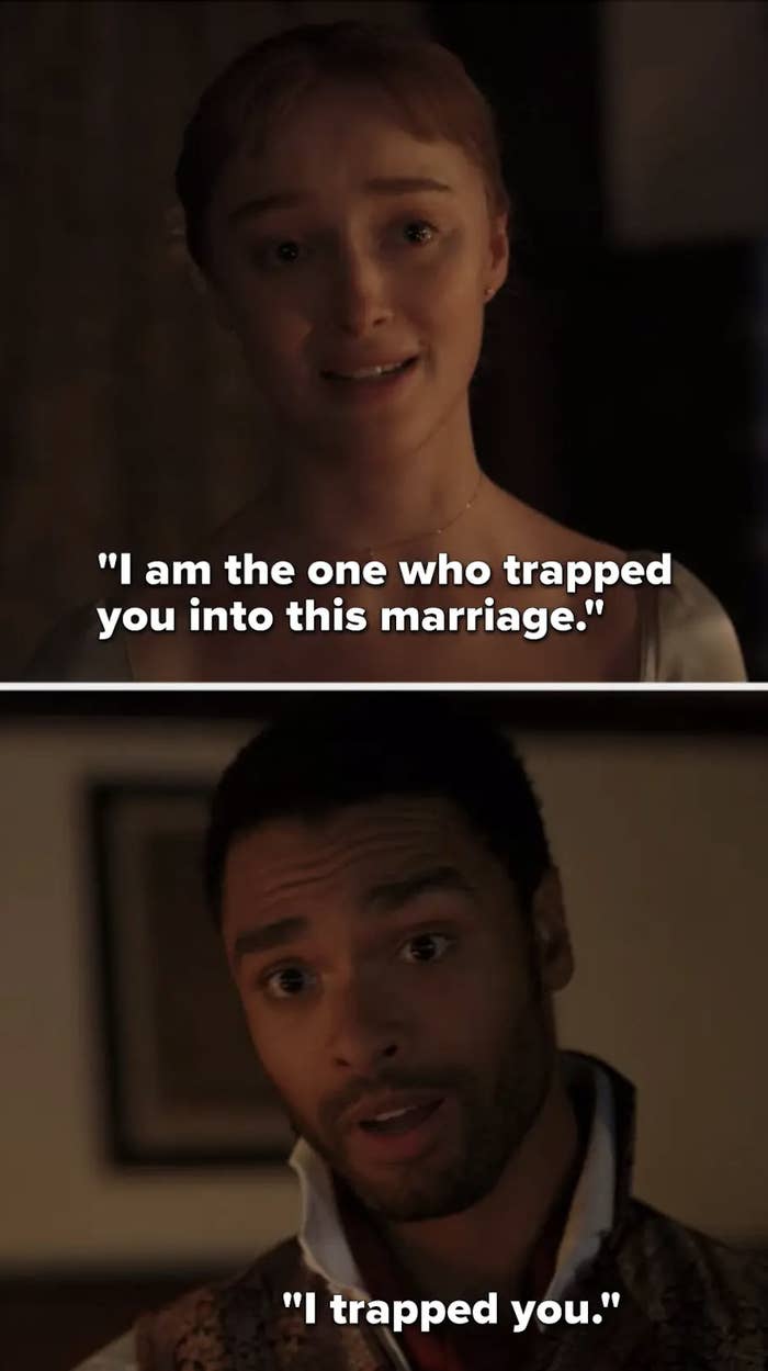 the two main characters saying they trapped the other into a marriage