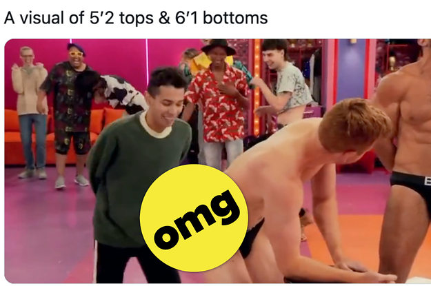 person behind other person in nothing but swimwear, 'omg' sticker and text 'a visual of 5'2 tops & 6'1 bottoms'