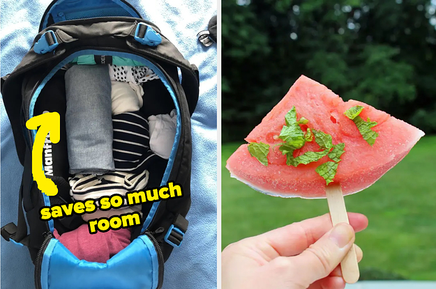 Left: Clothes in a luggage bag Right: A watermelon slice with a popsicle stick through it