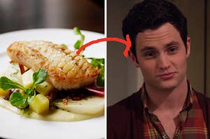 A piece of salmon sits on cubed potatoes and Dan Humphrey wears a plaid shirt under a sweater