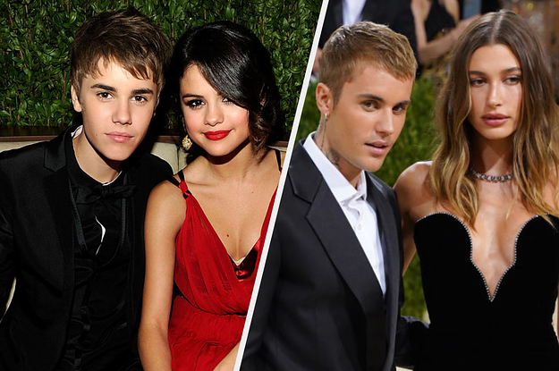 Justin Bieber wears a dark suit, Selena Gomez wears a brightly colored dress, and Hailey Bieber wears a dark strapless gown