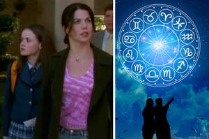 Rory Gilmore stands behind her mother and a wheel of Zodiac signs