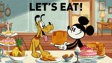 Mickey Mouse and Pluto eating breakfast