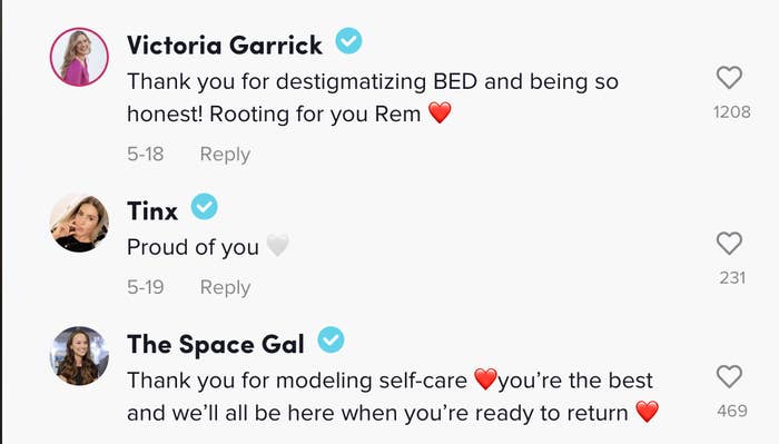 Three commenters praising Bader for being open, honest, and a model of self-care