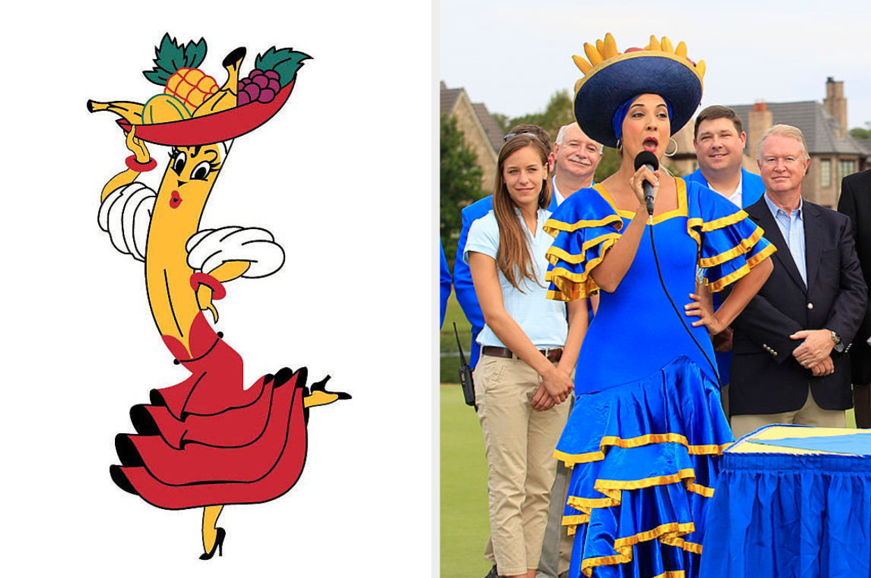 the Chiquita Banana logo; a woman wearing a similar dress and hat holding bananas speaking at an event